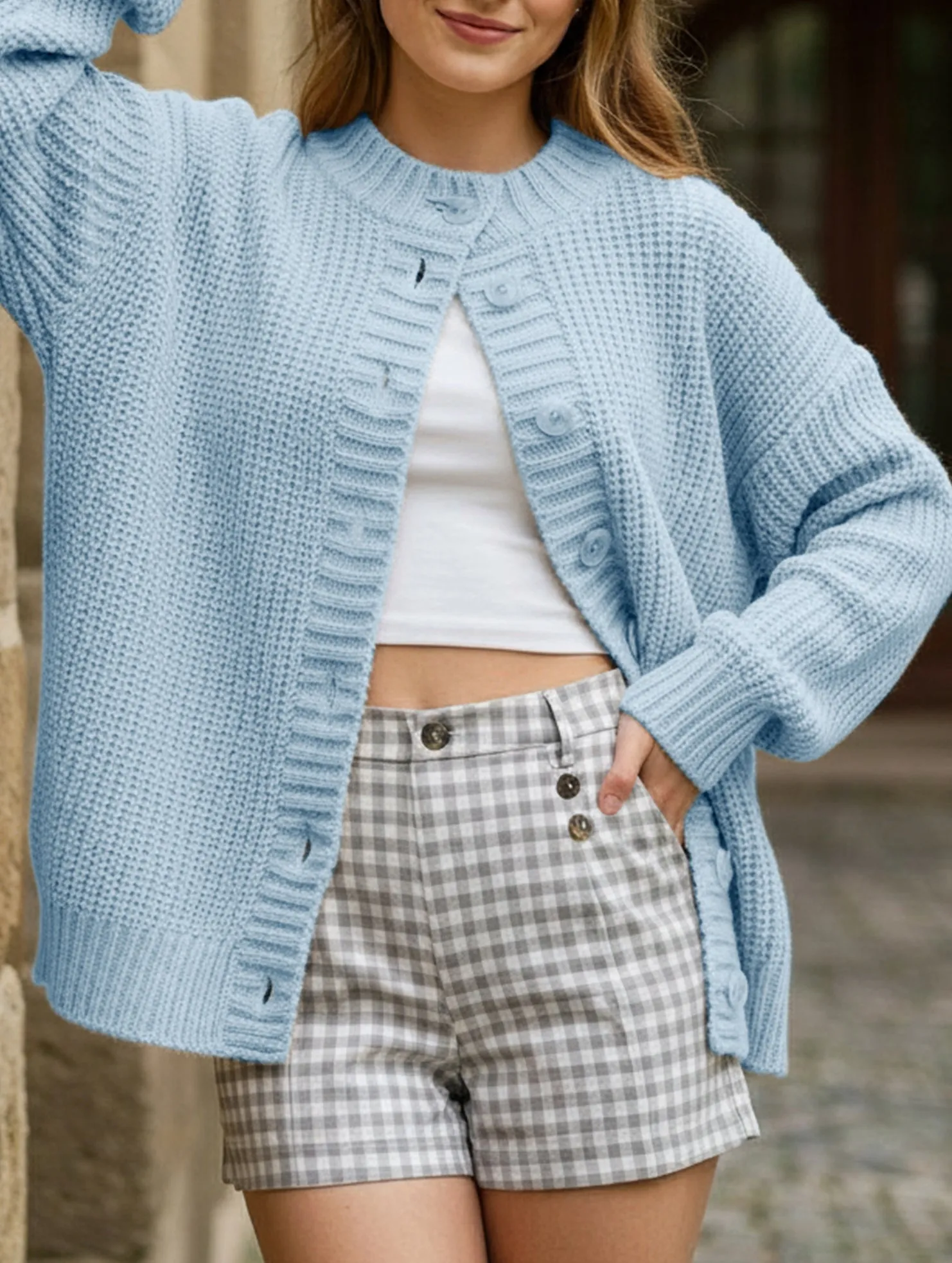 Layered Neckline Crew neck single-breasted knitted cardigan