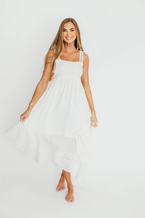 Simple Comfort Layer Safe Palmer Asymmetrical Hem Midi Dress in White *Final-Sale*