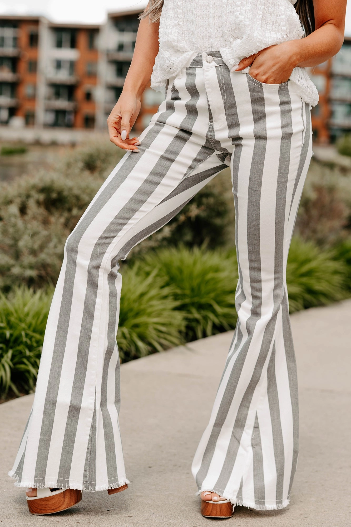 Certified Flirt Striped Flare Jeans (White/Charcoal) Style Element