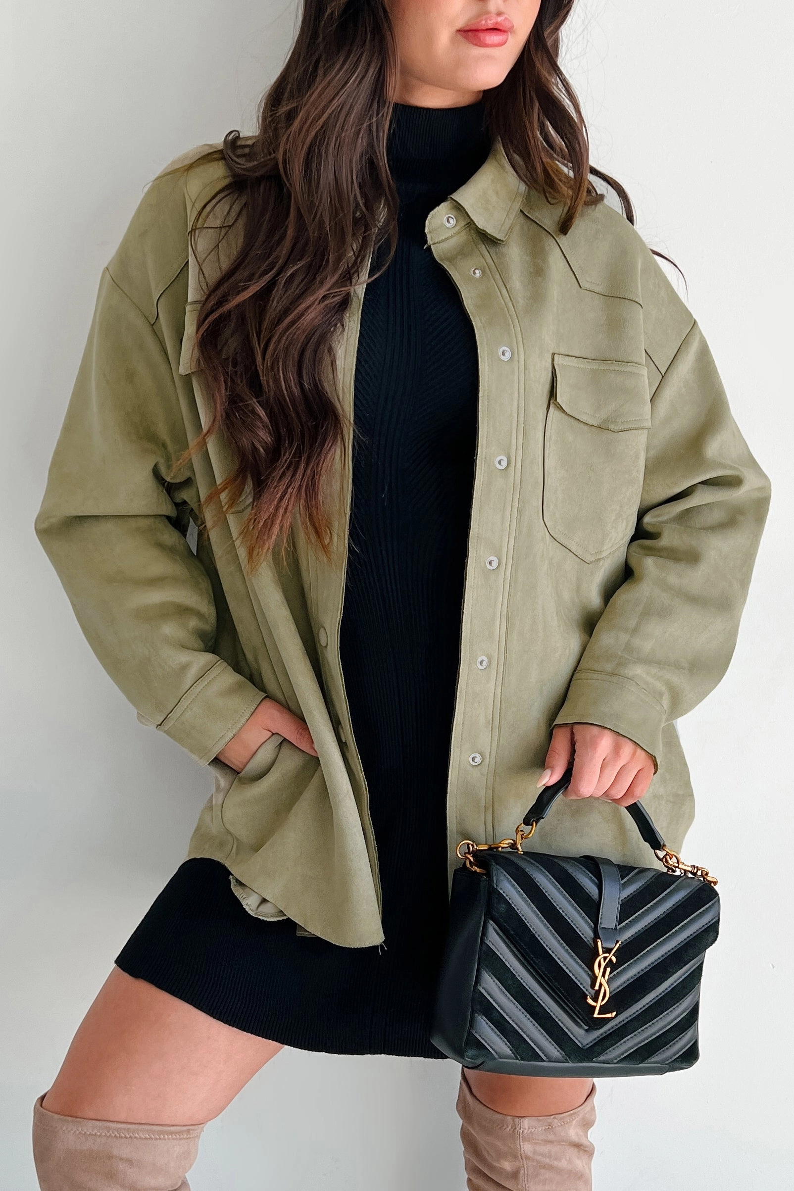 Heading To Town Oversized Faux Suede Shacket (Olive) Gender - neutral muted shades