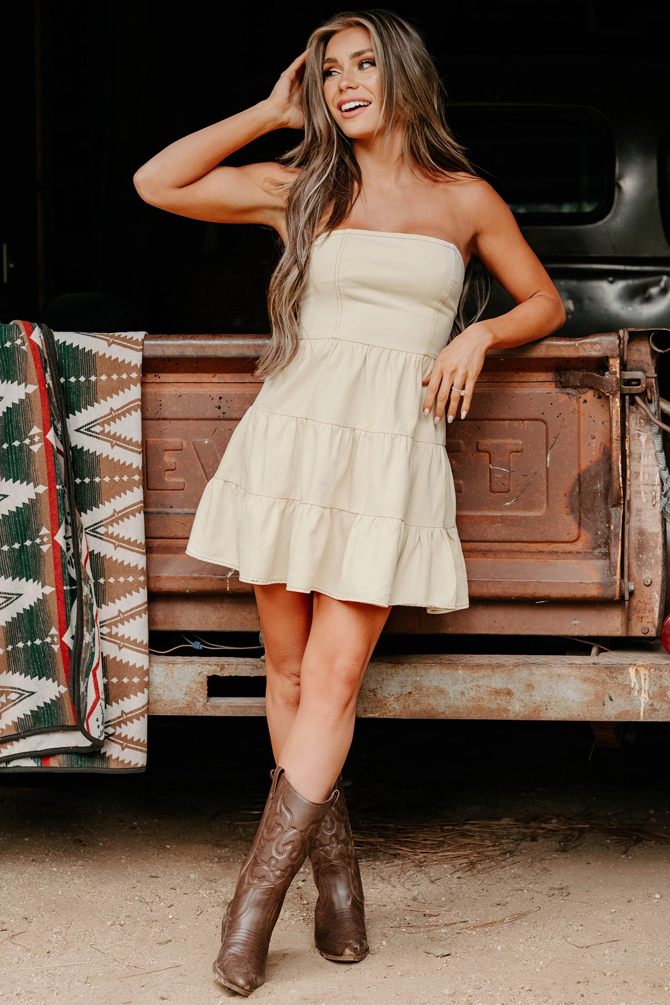 Crush Approved Strapless Mini Dress (Cream) Sandblasted Details Everyday Gym Ready