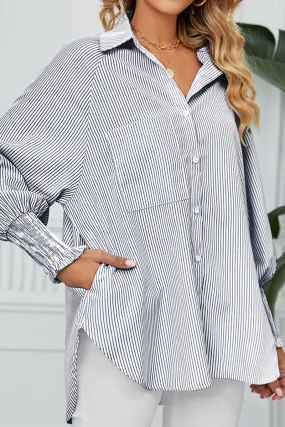 CUFF DRAW PLEATED LOOSE STRIPE COLLAR SHIRTS AdjustableNeckline