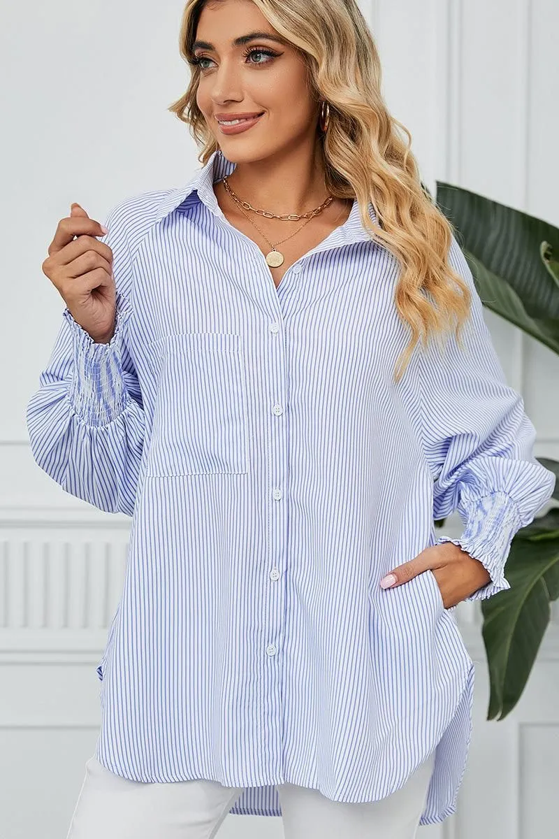 PlacketDetail SoftTouchBrushedInterior CUFF DRAW PLEATED LOOSE STRIPE COLLAR SHIRTS