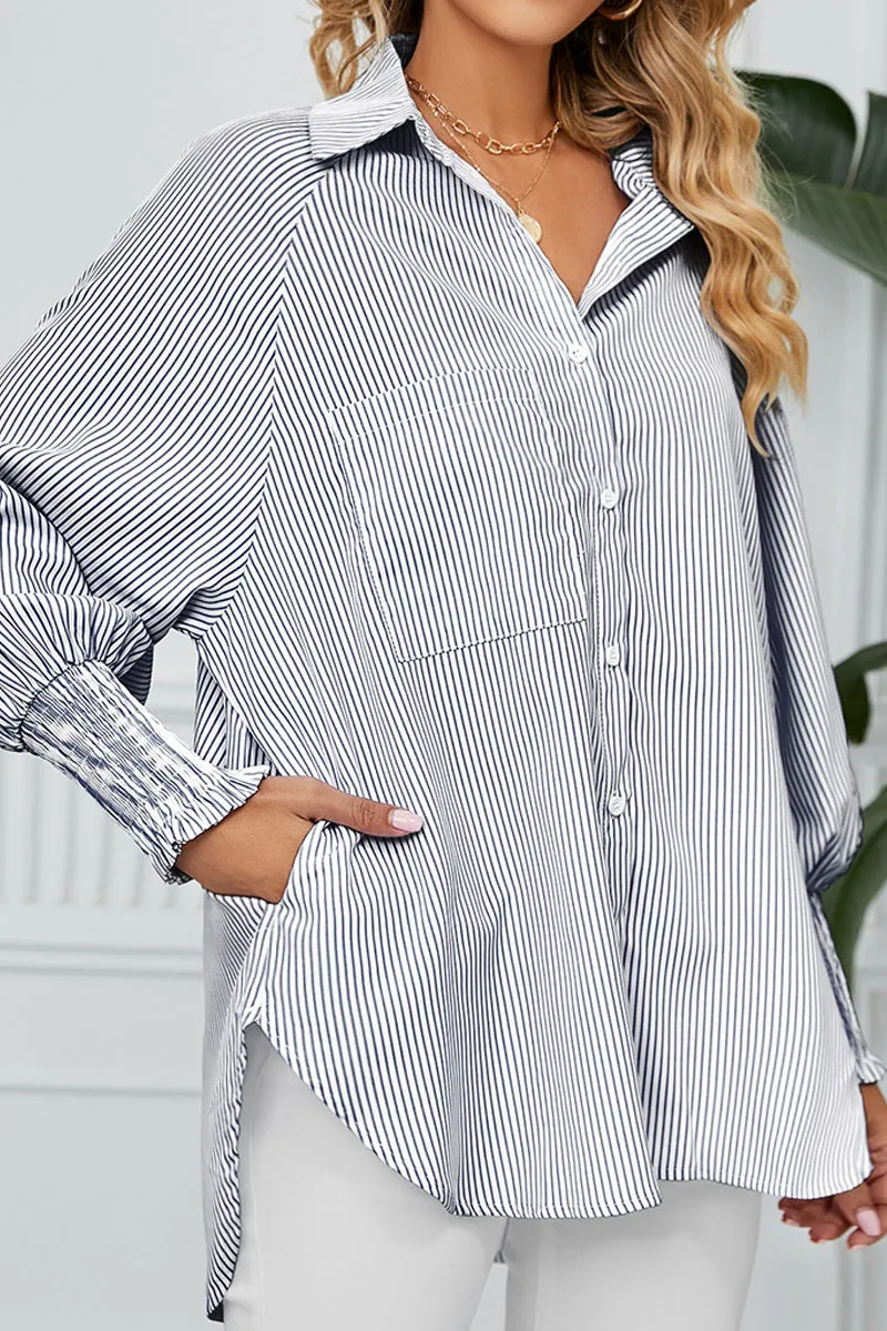 Soft Layering CUFF DRAW PLEATED LOOSE STRIPE COLLAR SHIRTS