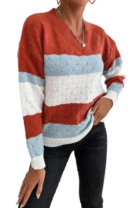Non Slip Shoulder Seams HighStretch PATTERN KNIT STRIPE CASUAL SWEATER TOP