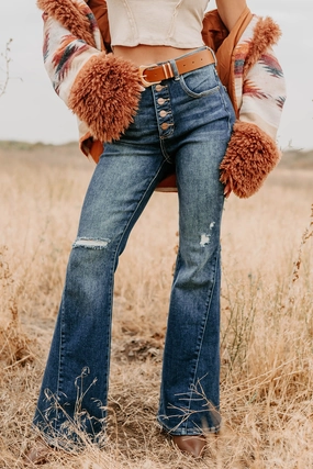Valina High Rise Tummy Control Buttoned Flare Risen Jeans (Dark) Raw Hem Design