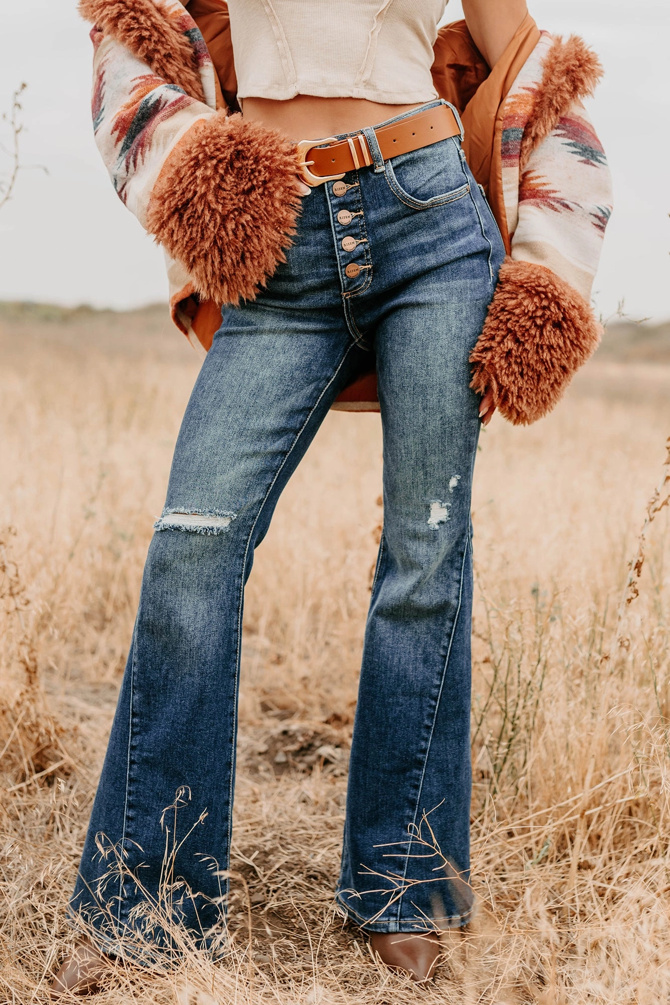 Valina High Rise Tummy Control Buttoned Flare Risen Jeans (Dark) Raw Hem Design