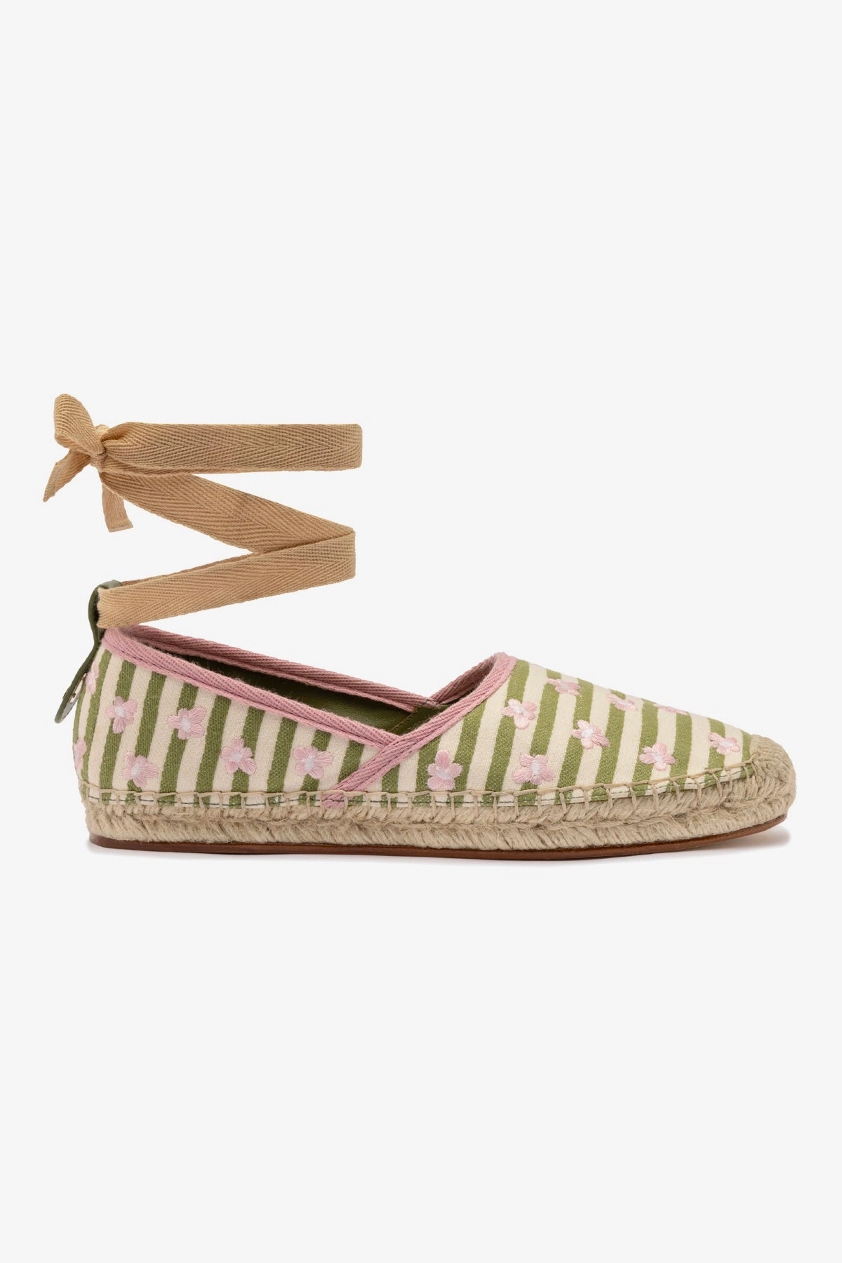 Comfortable Slip-Ons Lagoon Glow Letizia Espadrille Flat In Seaweed and Natural Striped Fabric and Daisy Embroidery