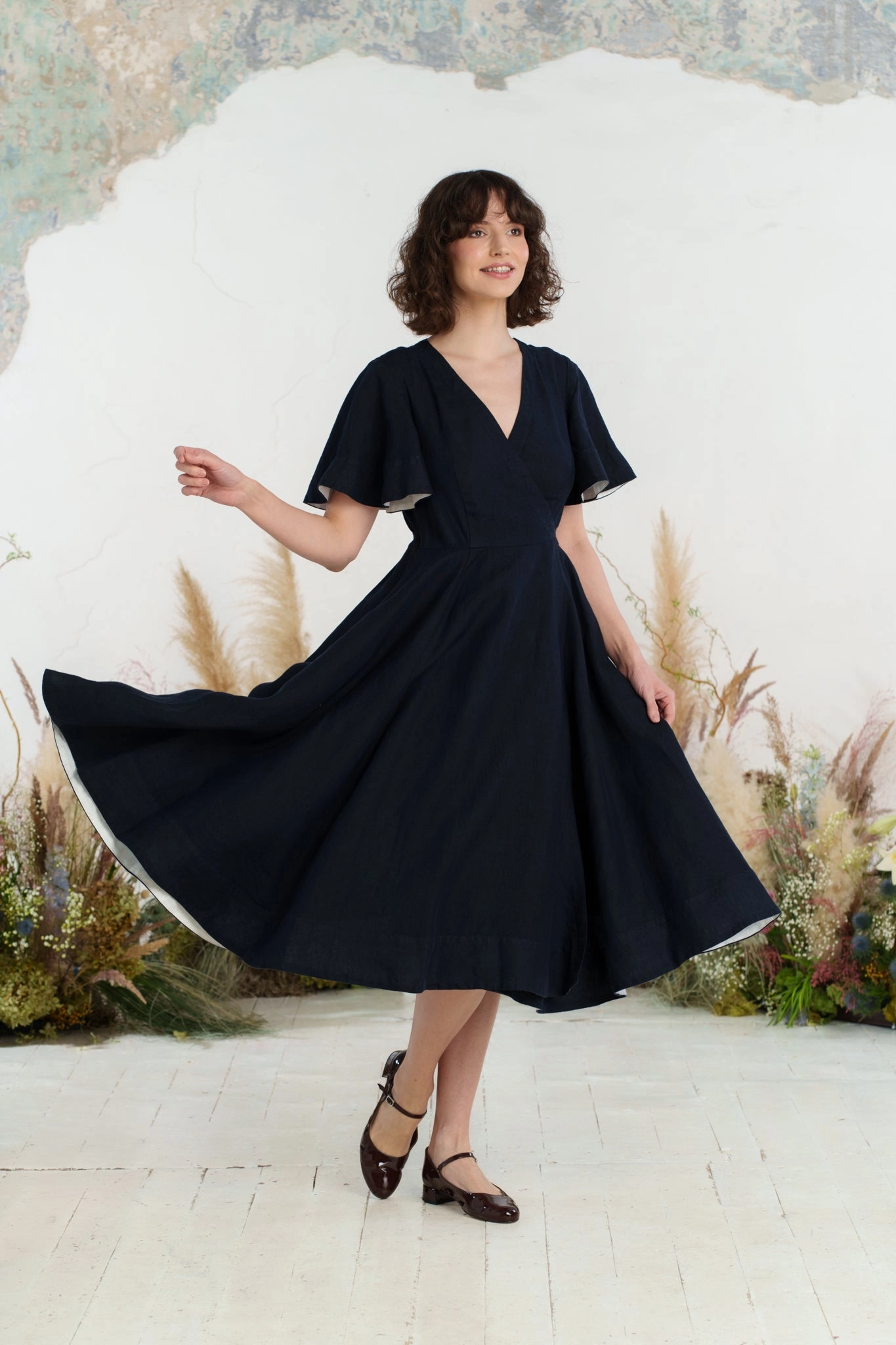 High low hem Glossy-Finish Wrap Dress, Butterfly Sleeve