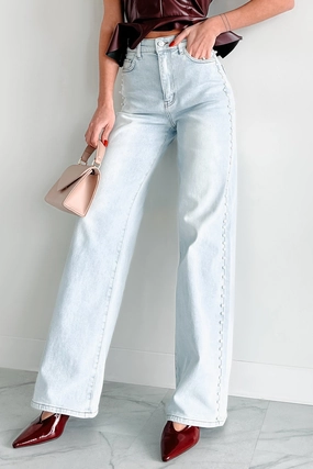 Cynthia High Rise Pearl Detail Vibrant Wide Leg Jeans (Light Stone) Everyday Party Look