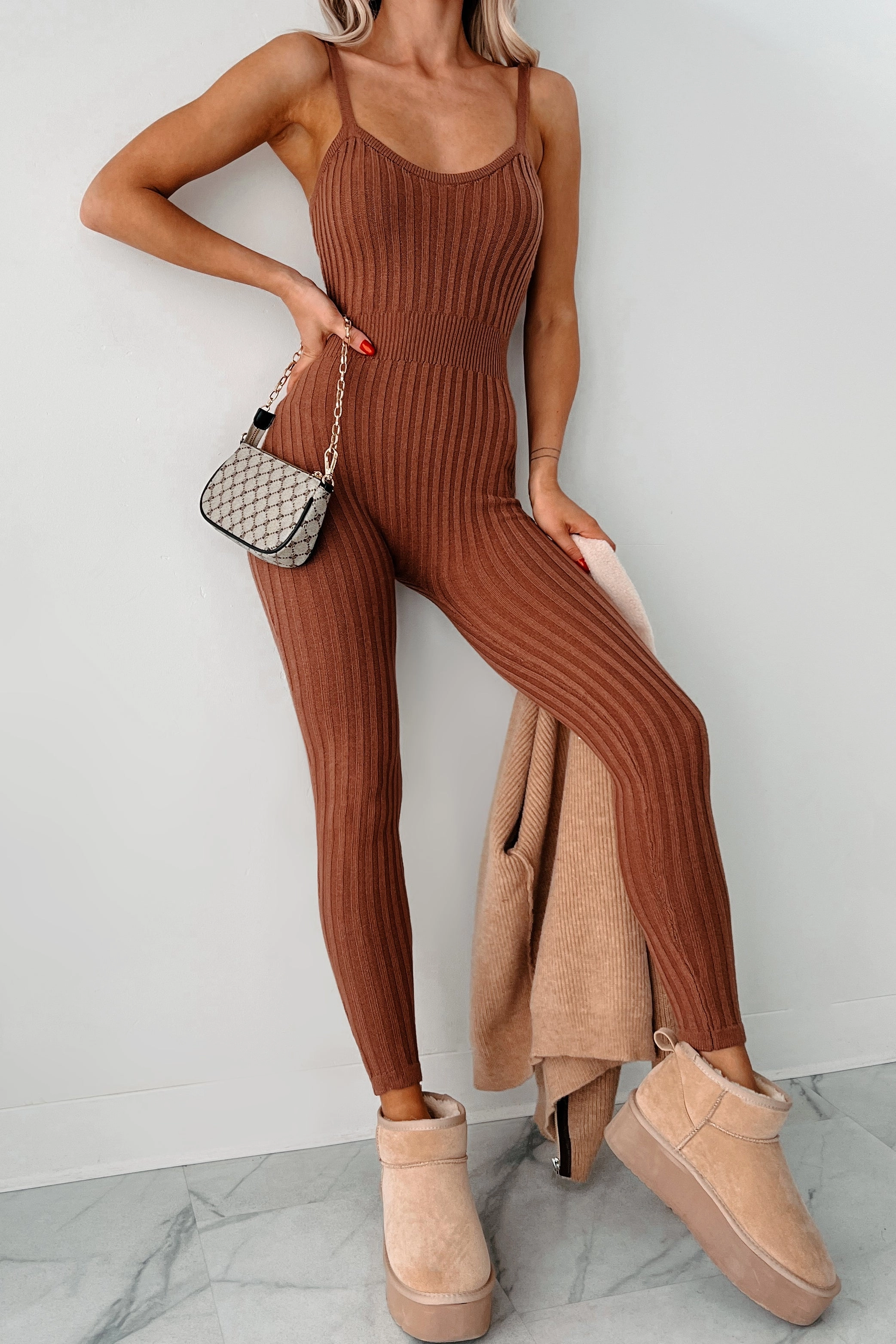 Better By The Minute Sweater Knit Catsuit (Mocha) Home Shopping