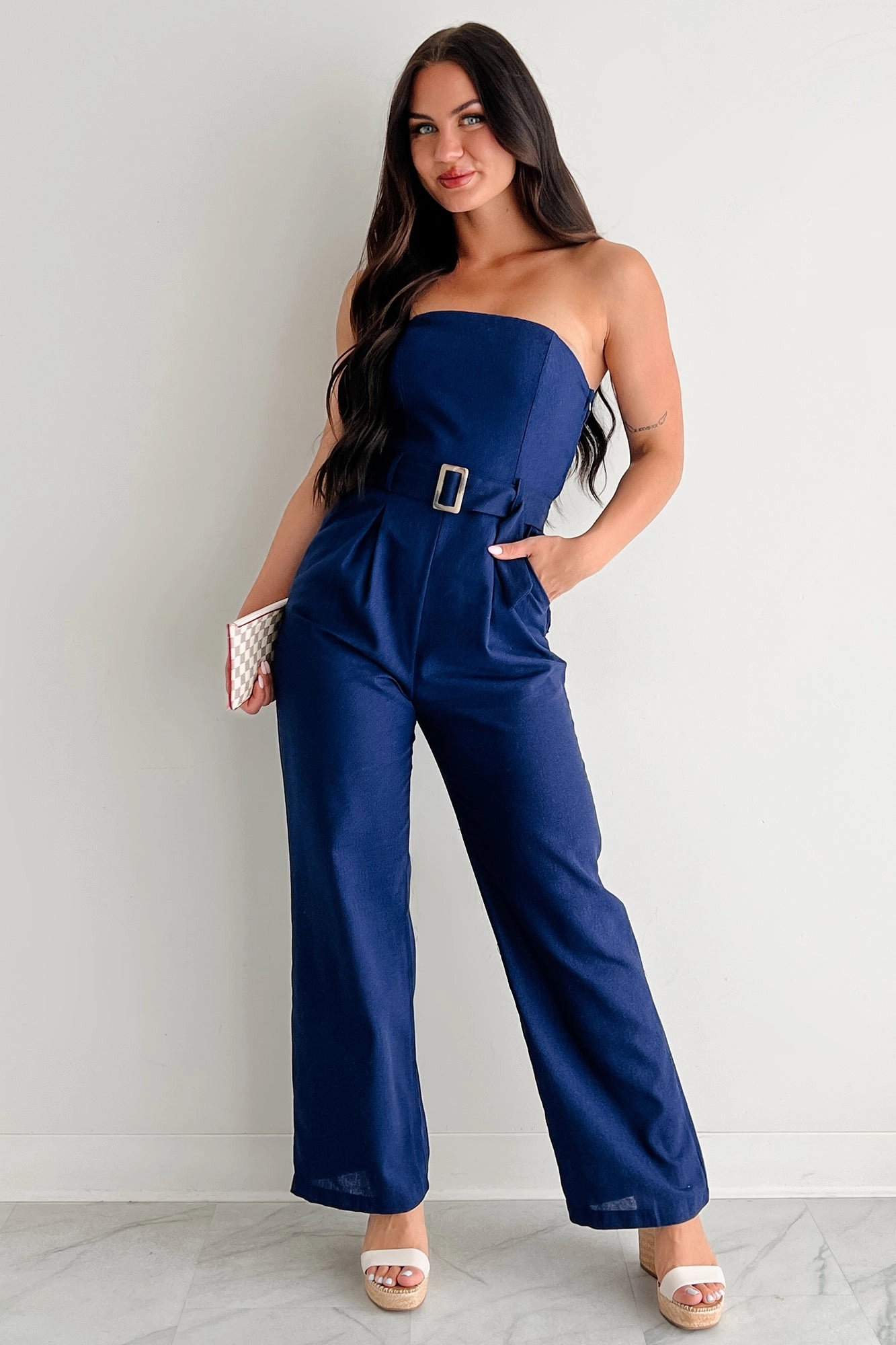 Dance Trendy One More Page Strapless Belted Jumpsuit (Navy)