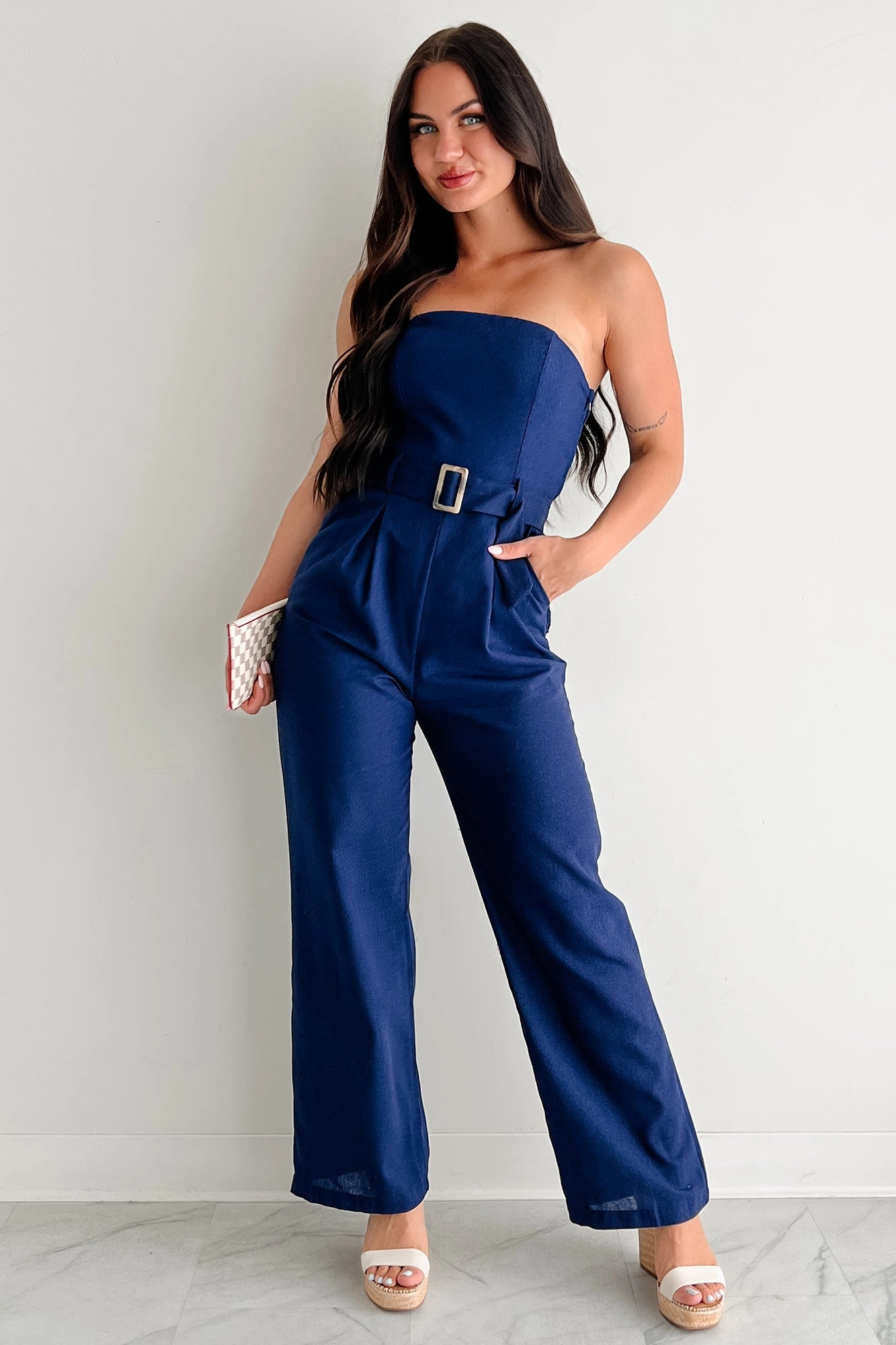 One More Page Strapless Belted Jumpsuit (Navy) Sharp Dancer Training Teen