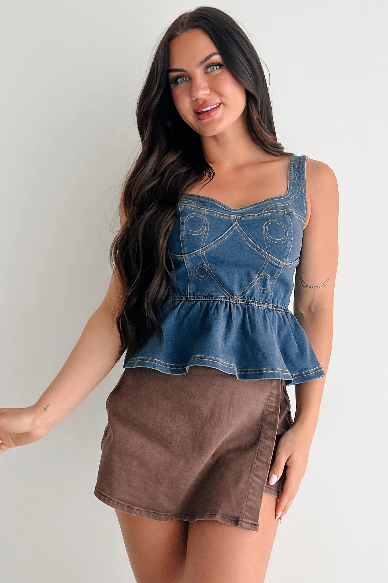 Dainty In Denim Peplum Tank Top (Medium Blue) No Iron Wear High Quality Classic Wear Earthy