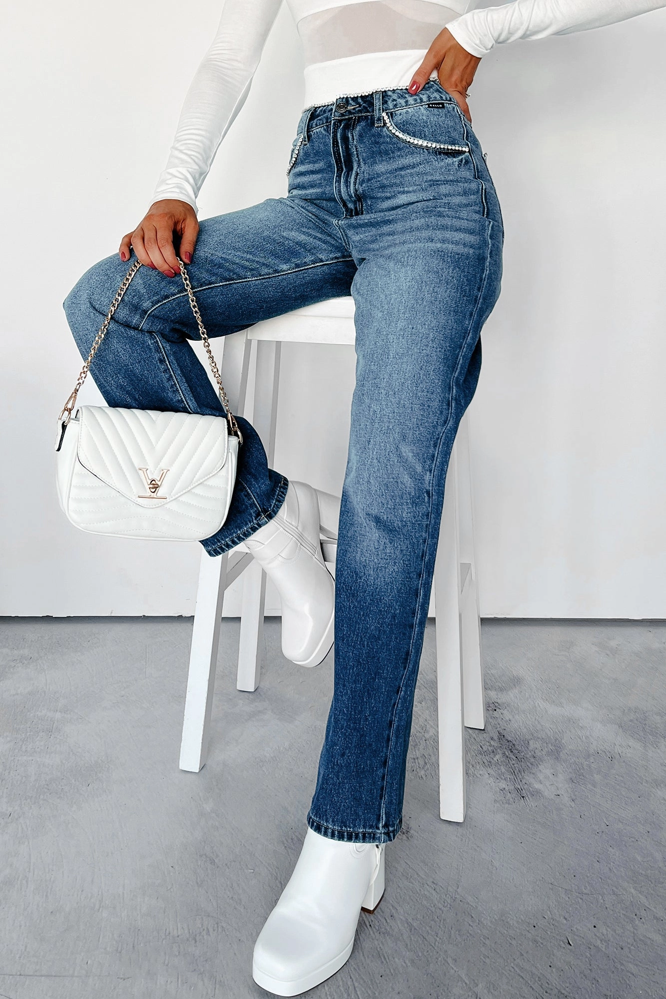 Danson Rhinestone Embellished Cello Dad Jeans (Dark) Beach Day Holiday Vibes