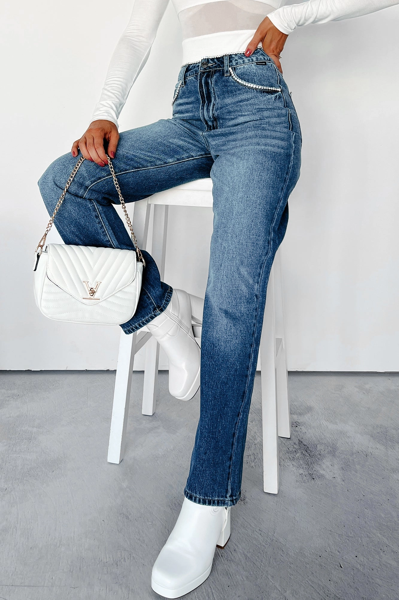 Common Wear Danson Rhinestone Embellished Cello Dad Jeans (Dark)