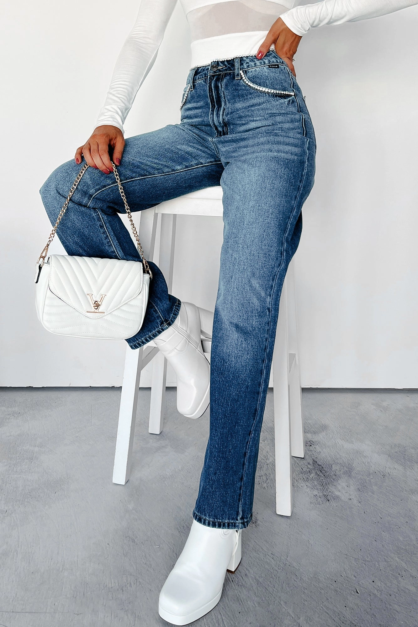 Casual Street Stretch Classic Gym Ready Danson Rhinestone Embellished Cello Dad Jeans (Dark)