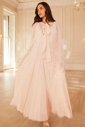 Dappled Sequin Hooded Long Cape Light and Comfortable Wear Graduation-Event