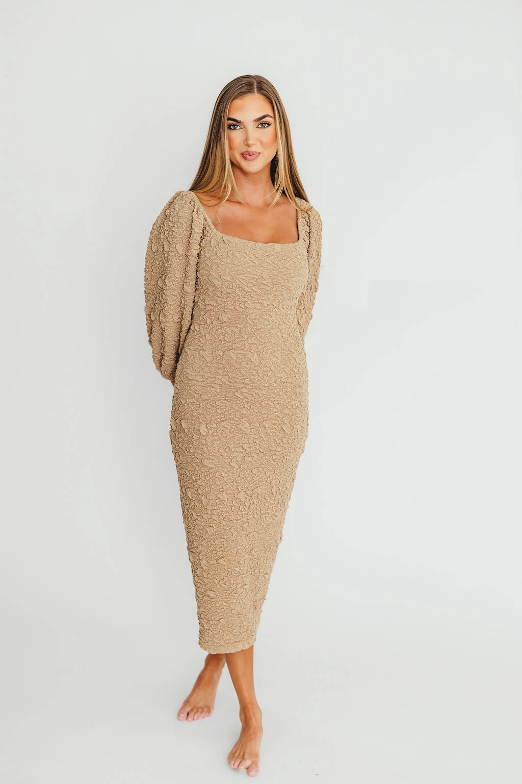 Texture Soft Smocked-Detail Darcy Square Neck Midi Dress in Taupe *Final-Sale*