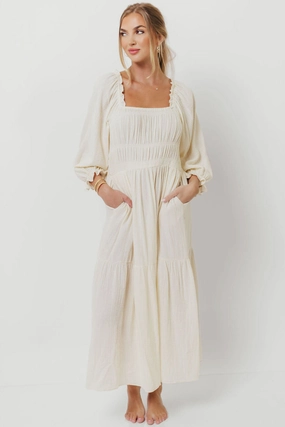 Dawn 100% Cotton Gauze Midi Dress in Soy Mood Look