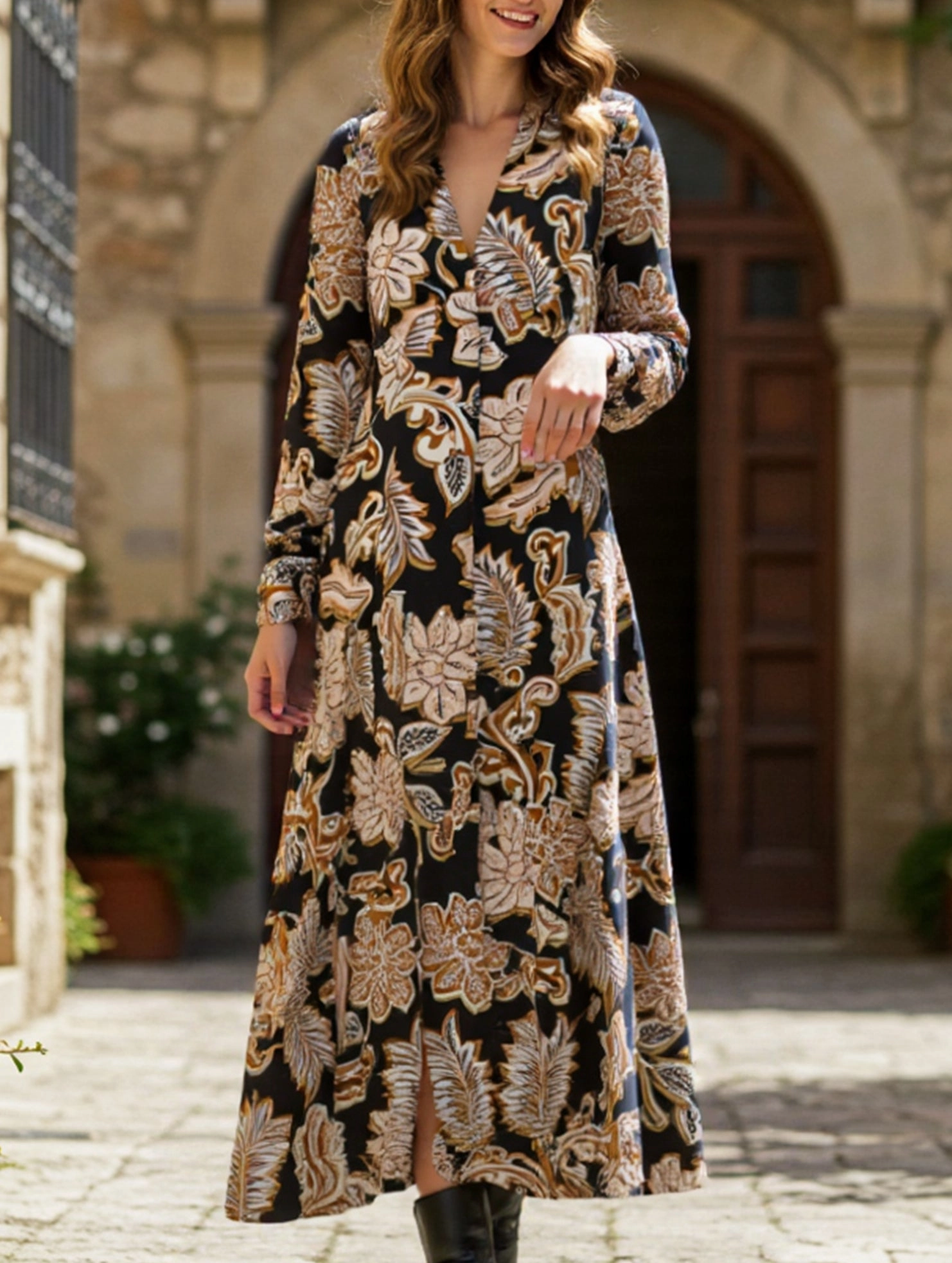 Silky-Lining Natural Feel Deep V-neck long-sleeved dress with waist