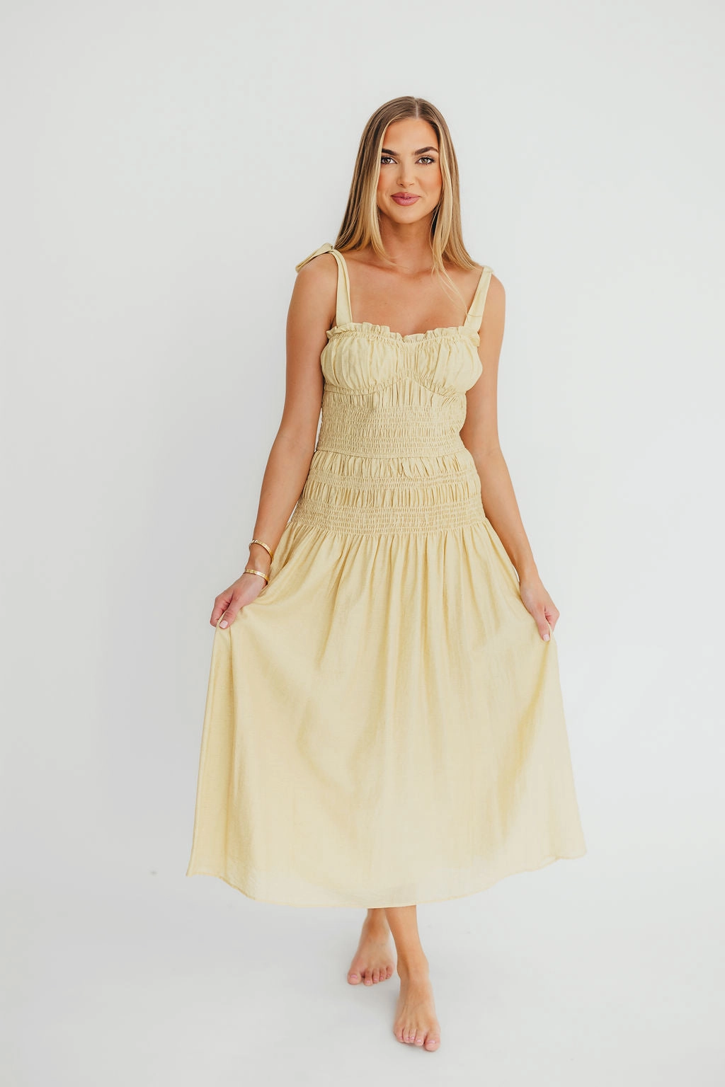 Body Flow Classic-style Della Adjustable Tie Midi Dress in Yellow *Final-Sale*