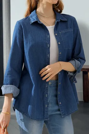 DENIM CHAMBRAY BUTTON UP LONG SLEEVE TOP Hydrophobic Threadwork