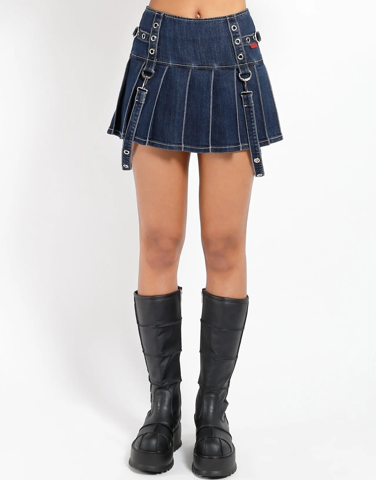 DENIM PLEATED BONDAGE SKIRT Light Fabric Fashionable Cut