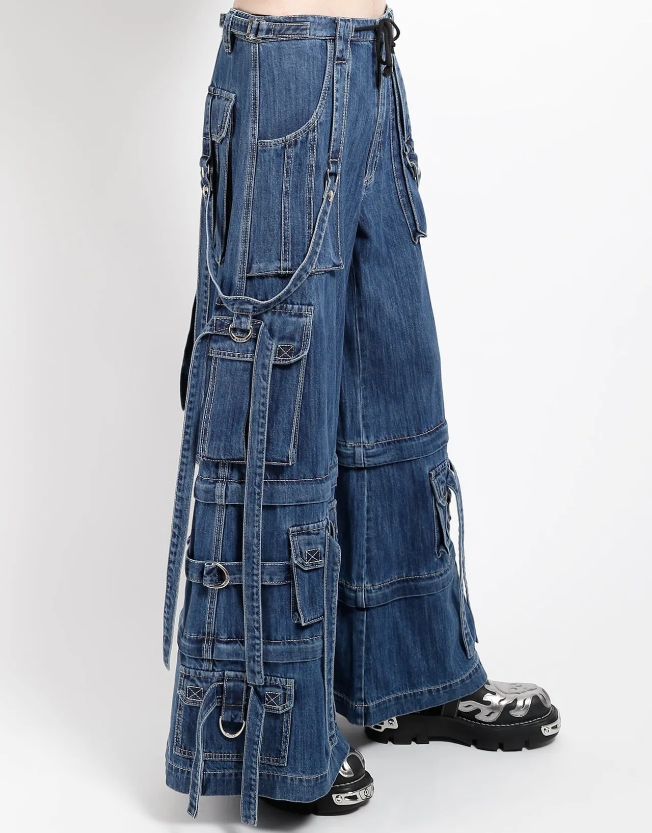 Tight Fit WrinkleResistantMaterial DENIM RING STRAP PANT BLUE DENIM