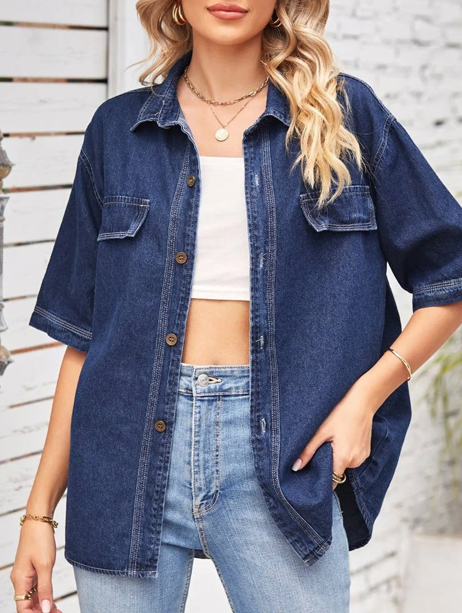 DENIM SINGLE BREASTED SHORT SLEEVE CASUAL SHIRT_CWTSTS0247 Flattering Design