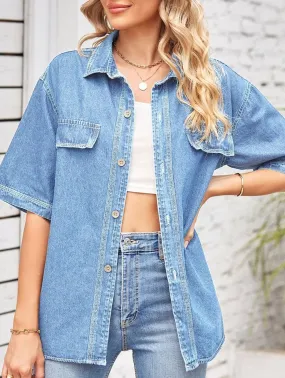 DENIM SINGLE BREASTED SHORT SLEEVE CASUAL SHIRT_CWTSTS0247 NonIrritating Stitching Summer Polo