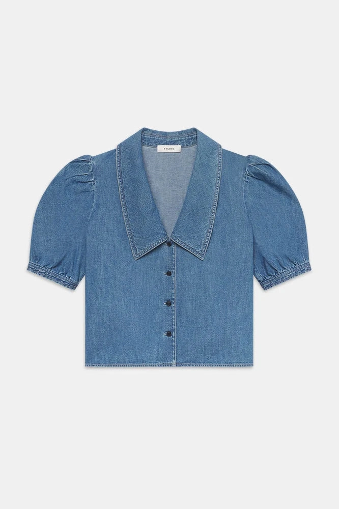 Breathable Linen Blend Denim Sailor Blouse