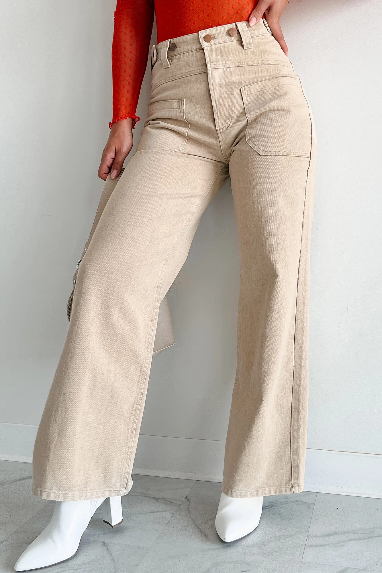 Casual Morning Stroll Destry High Waisted Wide Leg Jeans (Beige)