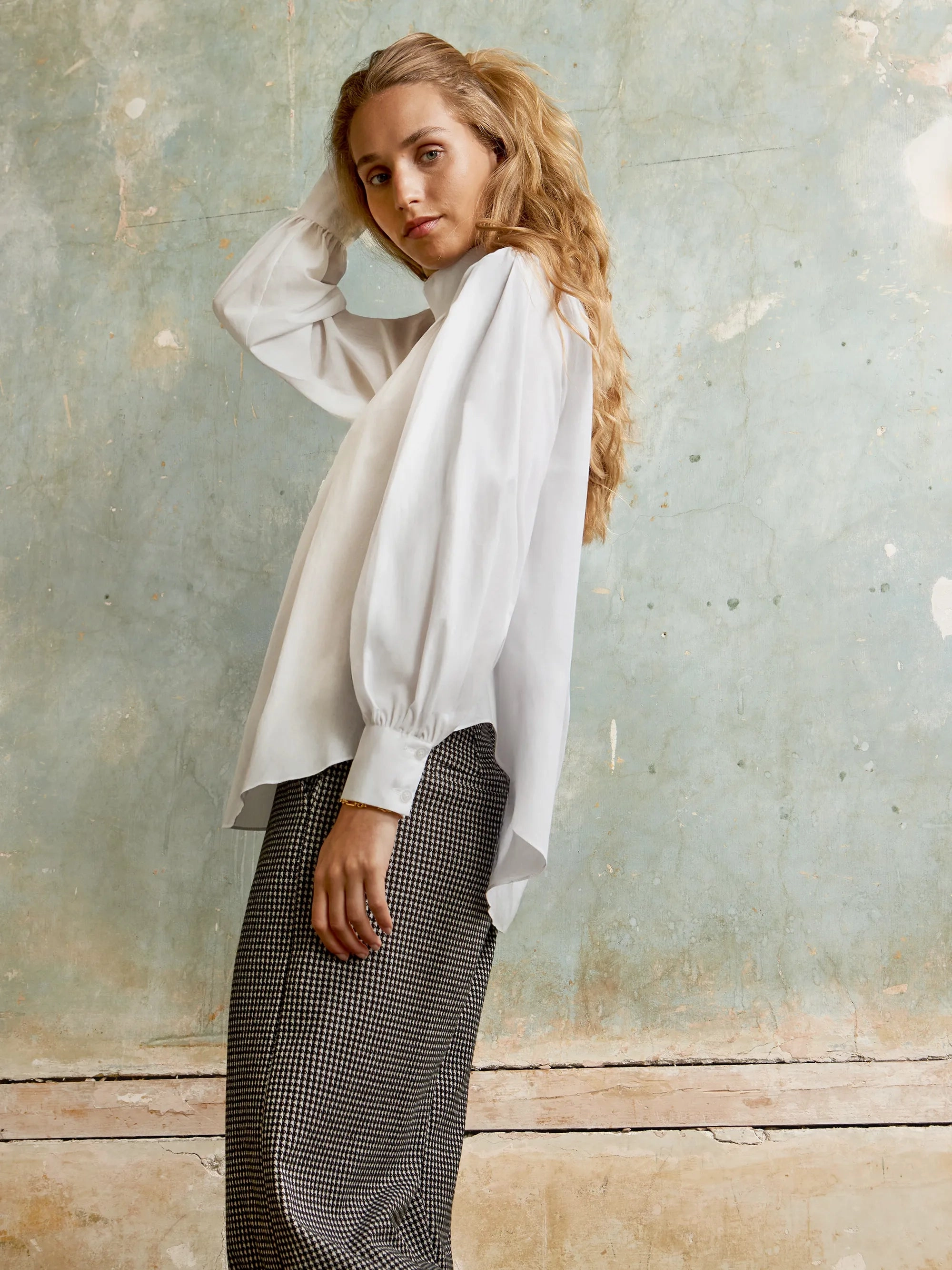 High-Neck Cotton Blouse Lightweight Fabric VentilatedBackPanel