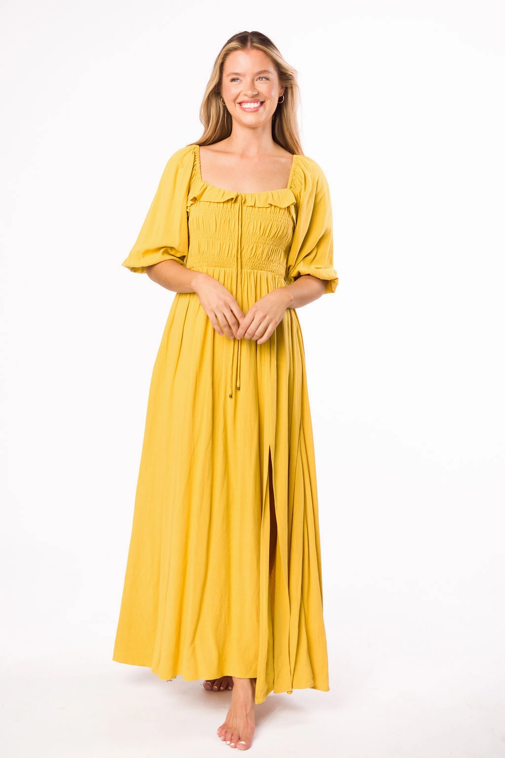 Gentle Flow Minimal Harmony Devon Smocked Maxi Dress in Mustard - Bump Friendly *Final-Sale*