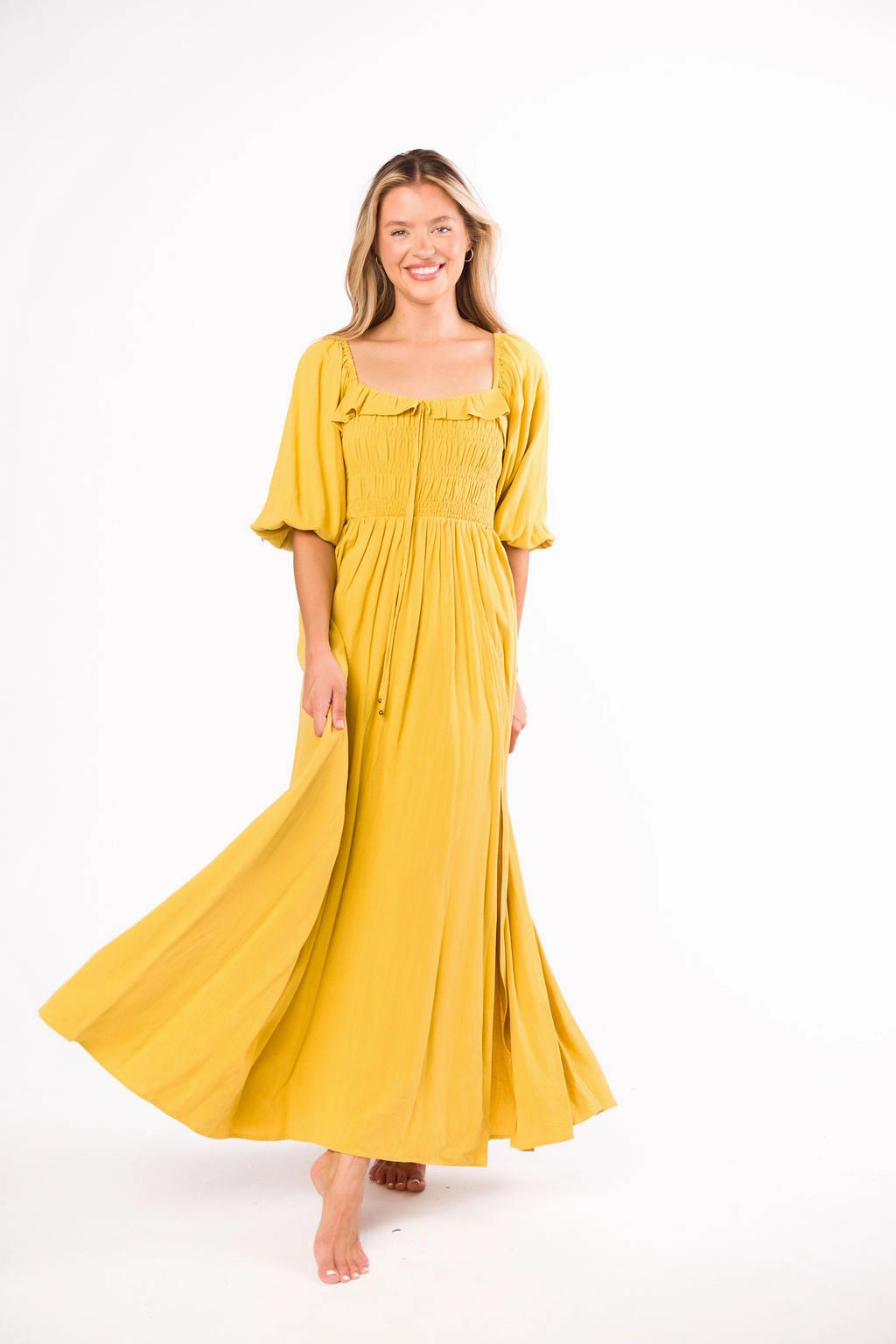 Devon Smocked Maxi Dress in Mustard - Bump Friendly *Final-Sale* Adjustable Straps Bright Mood