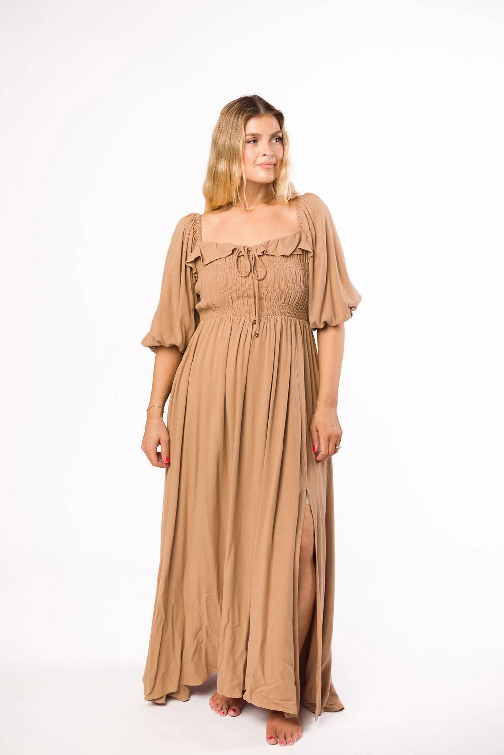 Devon Smocked Maxi Dress in Taupe - Bump Friendly *Final-Sale* Natural Tones Pure Elegance