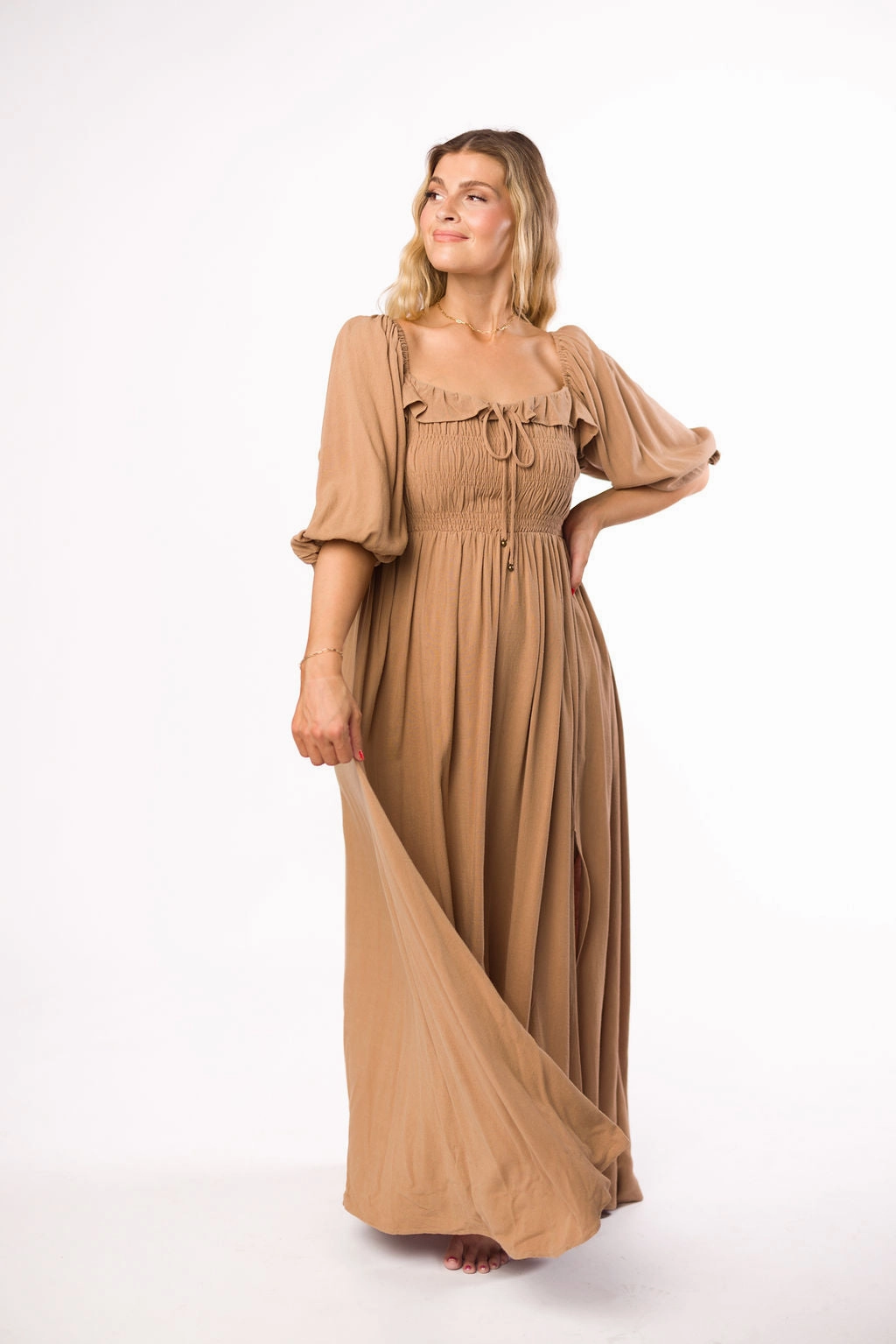 Bold Touch Cozy Vibe Devon Smocked Maxi Dress in Taupe - Bump Friendly *Final-Sale*