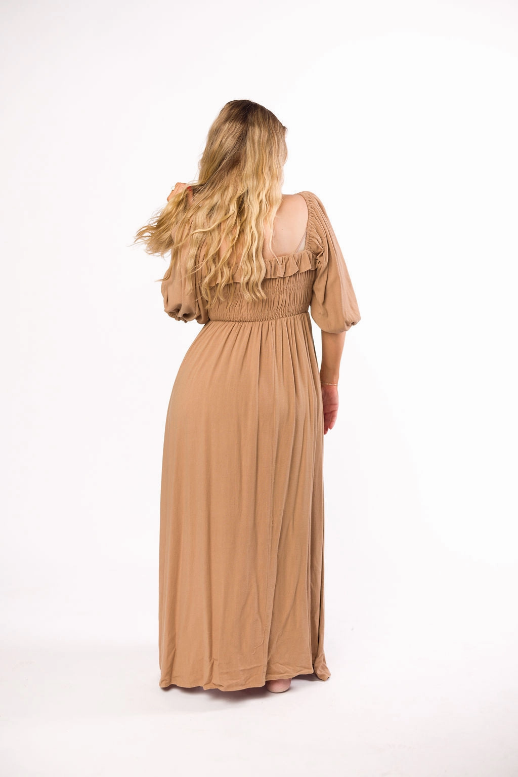 Devon Smocked Maxi Dress in Taupe - Bump Friendly *Final-Sale* Ankle-length
