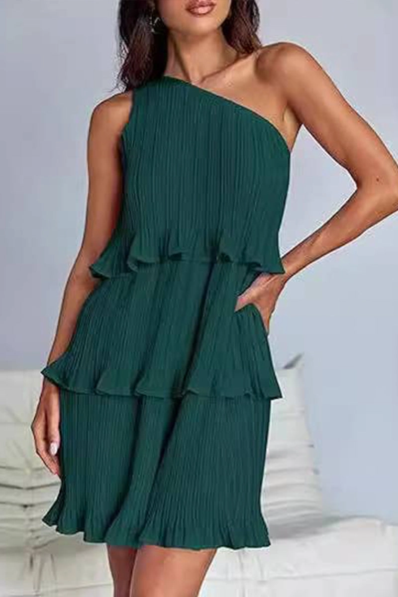 DIAGONAL SHOULDER TIERED PATCHWORK DRESS_CWDSD3999 Celebrity-Inspired