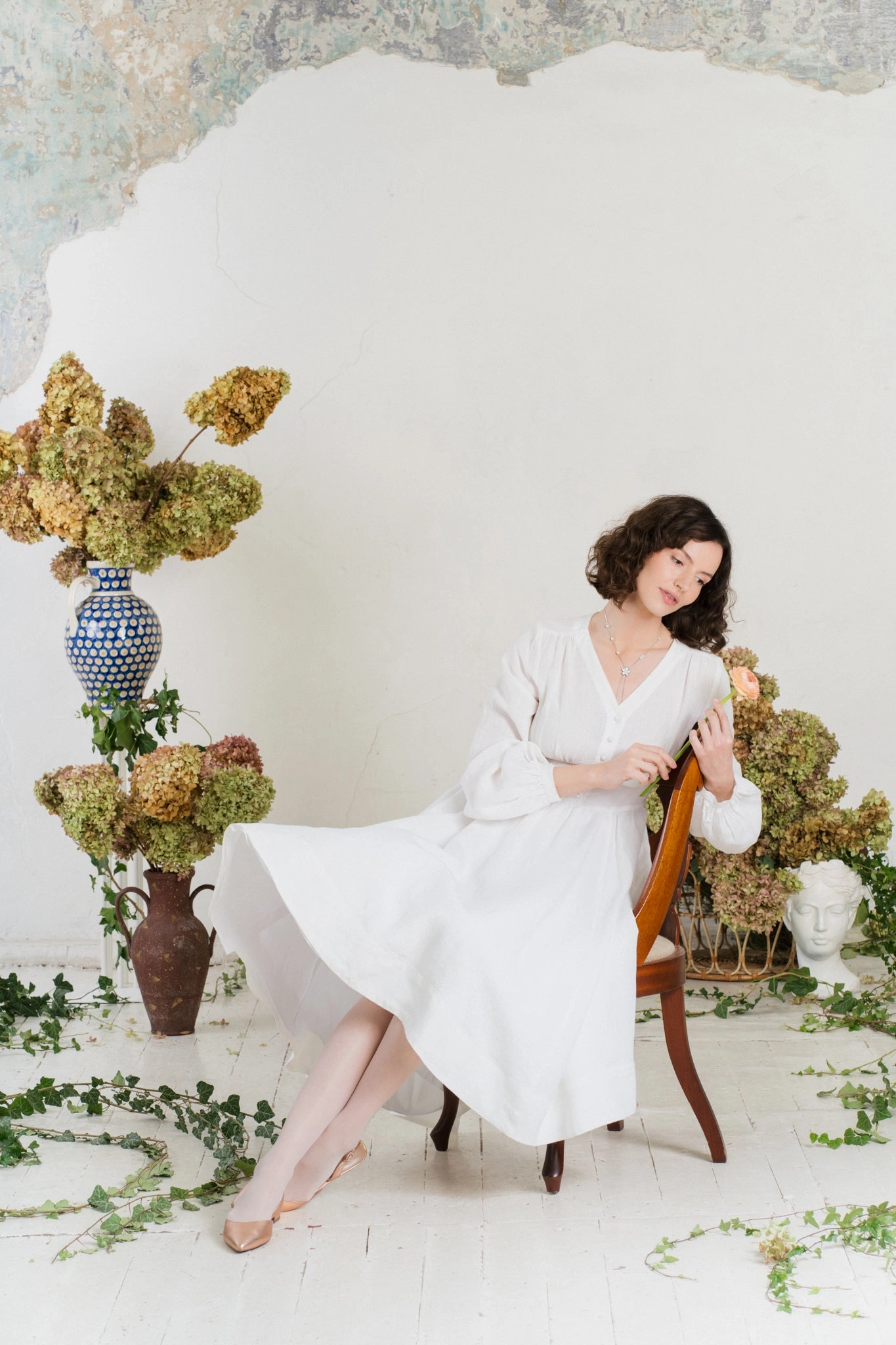 Diane Dress, Long Sleeve, White Magnolia Side-Pocket