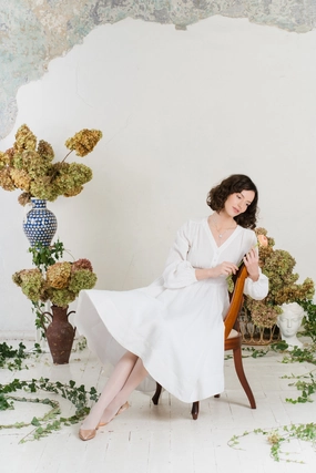 Velvet-Touch Diane Dress, Long Sleeve, White Magnolia