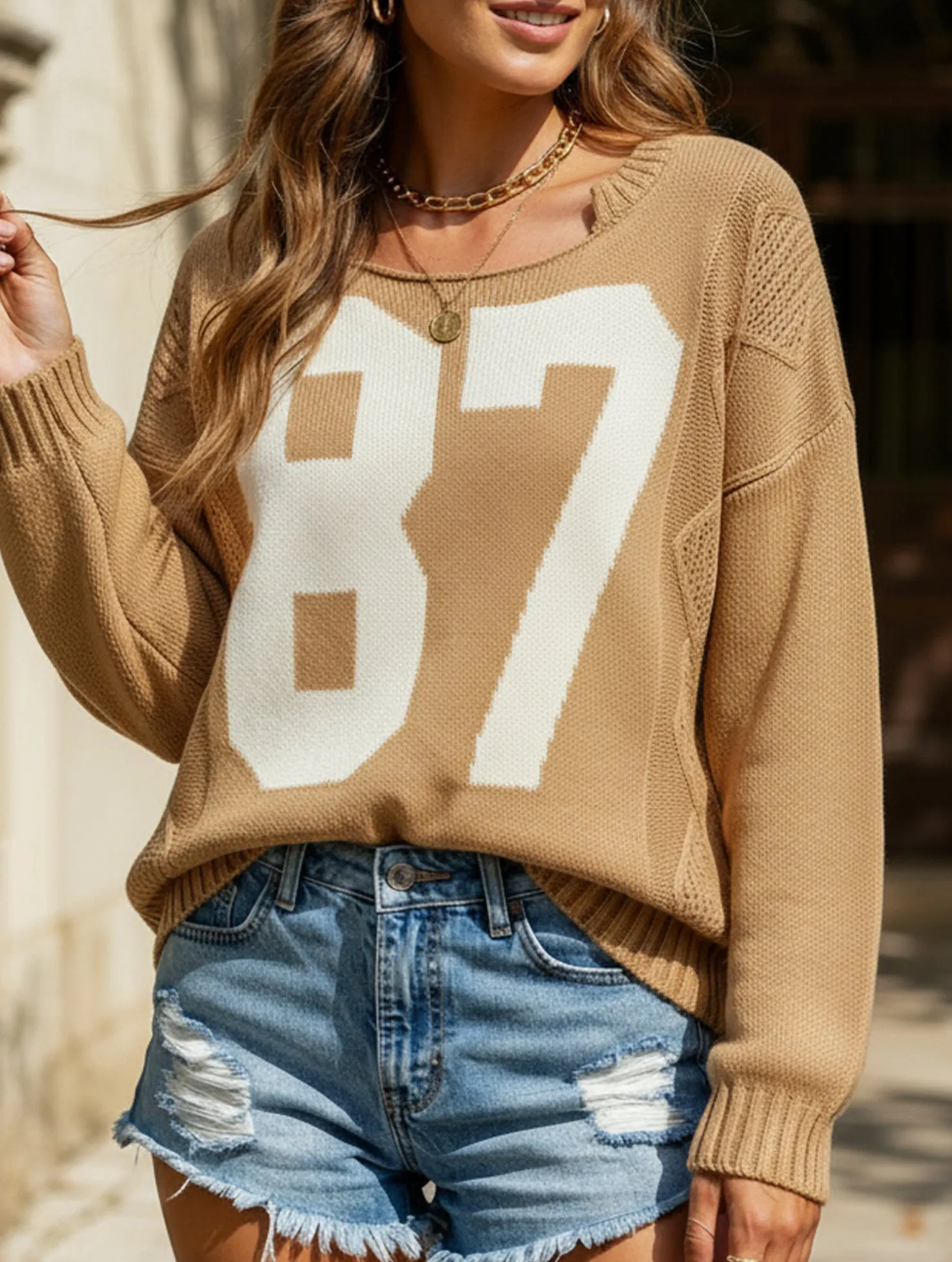 Digital knitted loose long-sleeved pullover sweater Adjustable Hemline Tubular Body Construction