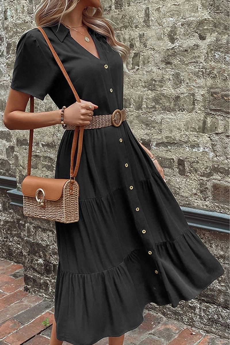 SHORT SLEEVE BUTTON UP CAKE DRESS Texture Rich Versatile Layers