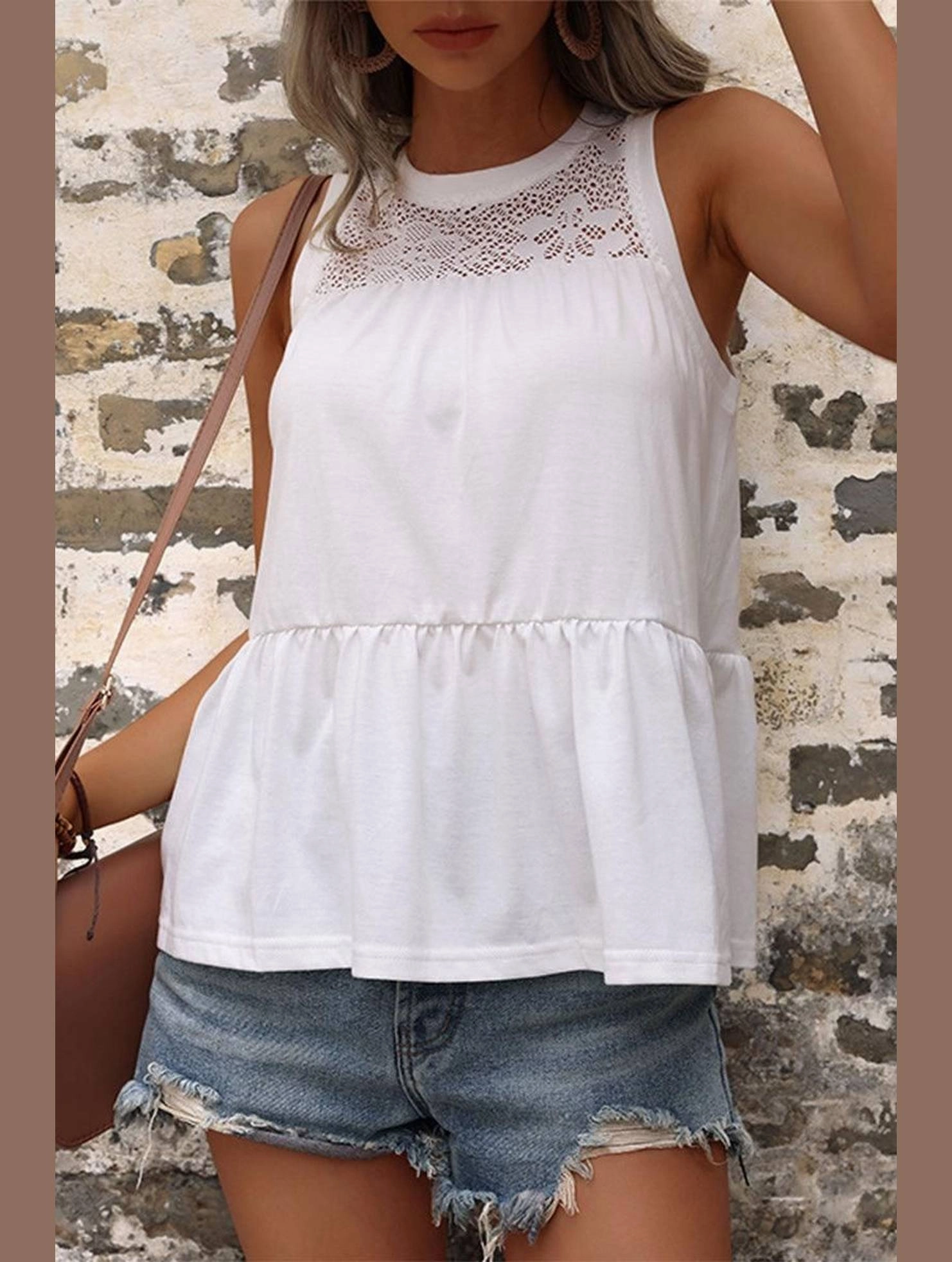 MESH LACED NECK TIERED SLEEVELESS TUNIC TOP Casual Layering FadeResistantPrint