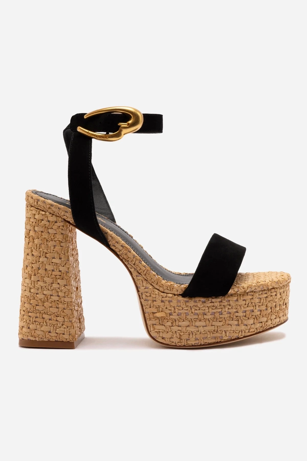 Effortless Walking Trail Ready Dolly Verona Sandal In Black Suede and Natural Raffia