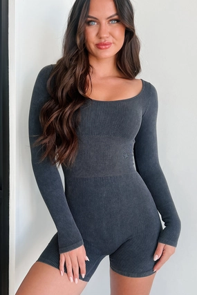 DOORBUSTER Coffee Shop Cutie Ribbed Long Sleeve Romper (Black) Casual Elegant Holiday Premium
