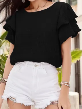 Fashion Top Active Outfit Double-Layered Ruffle Sleeve T-Shirt ??Elegant Crewneck Blouse