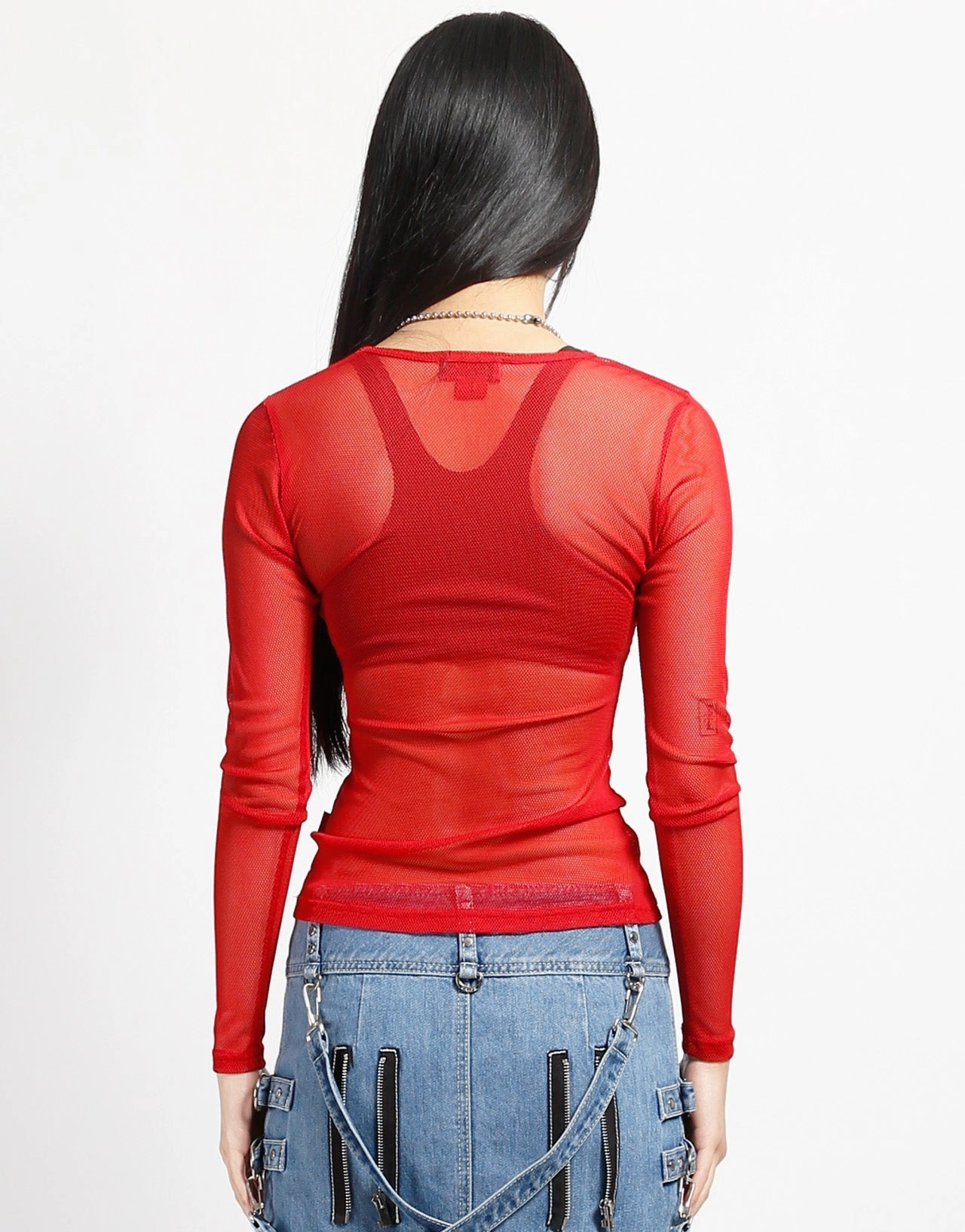 LADIES LONG SLEEVE FISHNET RED Airy Mesh Lining
