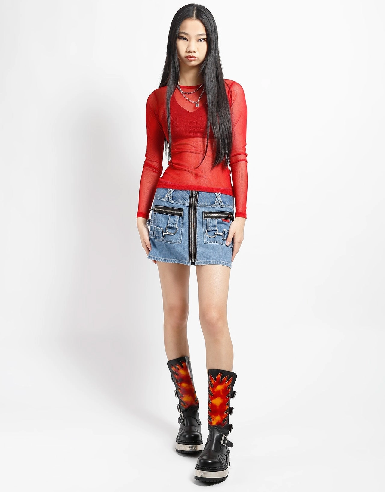 Casual dress Fashionable Shirt LADIES LONG SLEEVE FISHNET RED